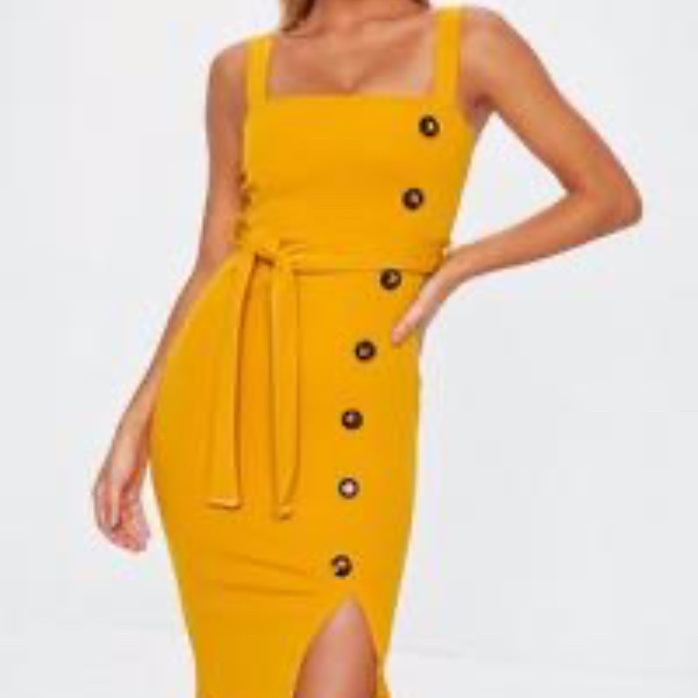Mustard Yellow Strappy Midi Dress W/ Belt US-6